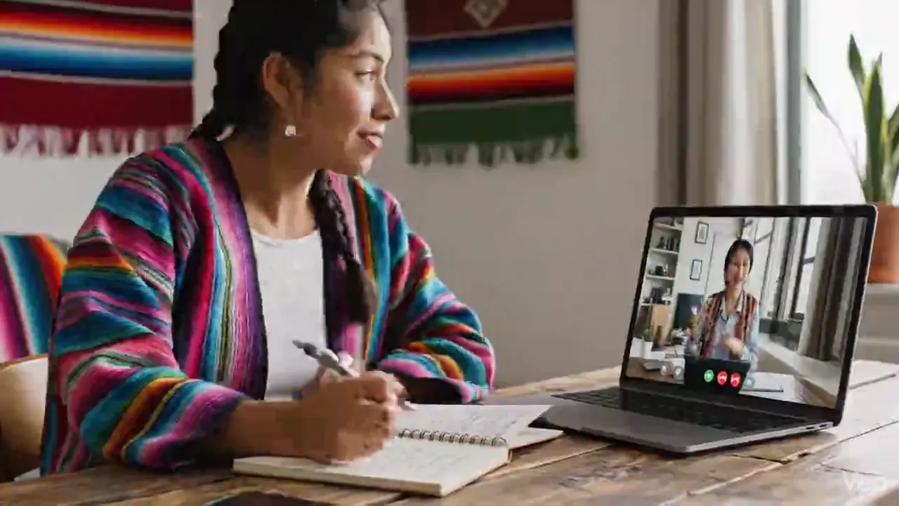 A student taking notes during a video call with her mentor